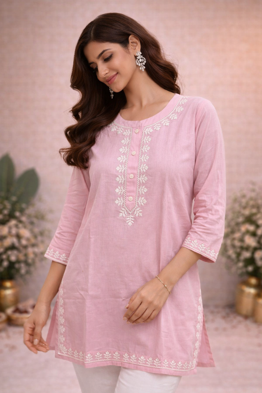 Blush Pink Embroidered Cotton Kurti