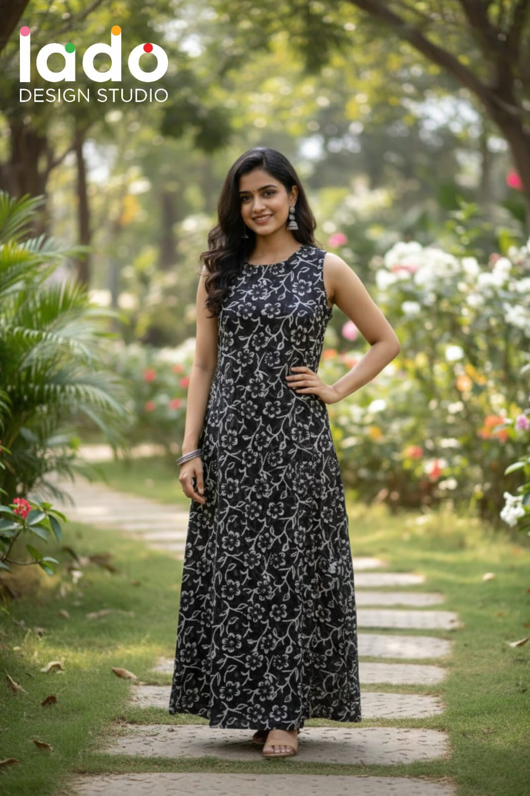 Midnight Blossom Block Print Maxi Dress