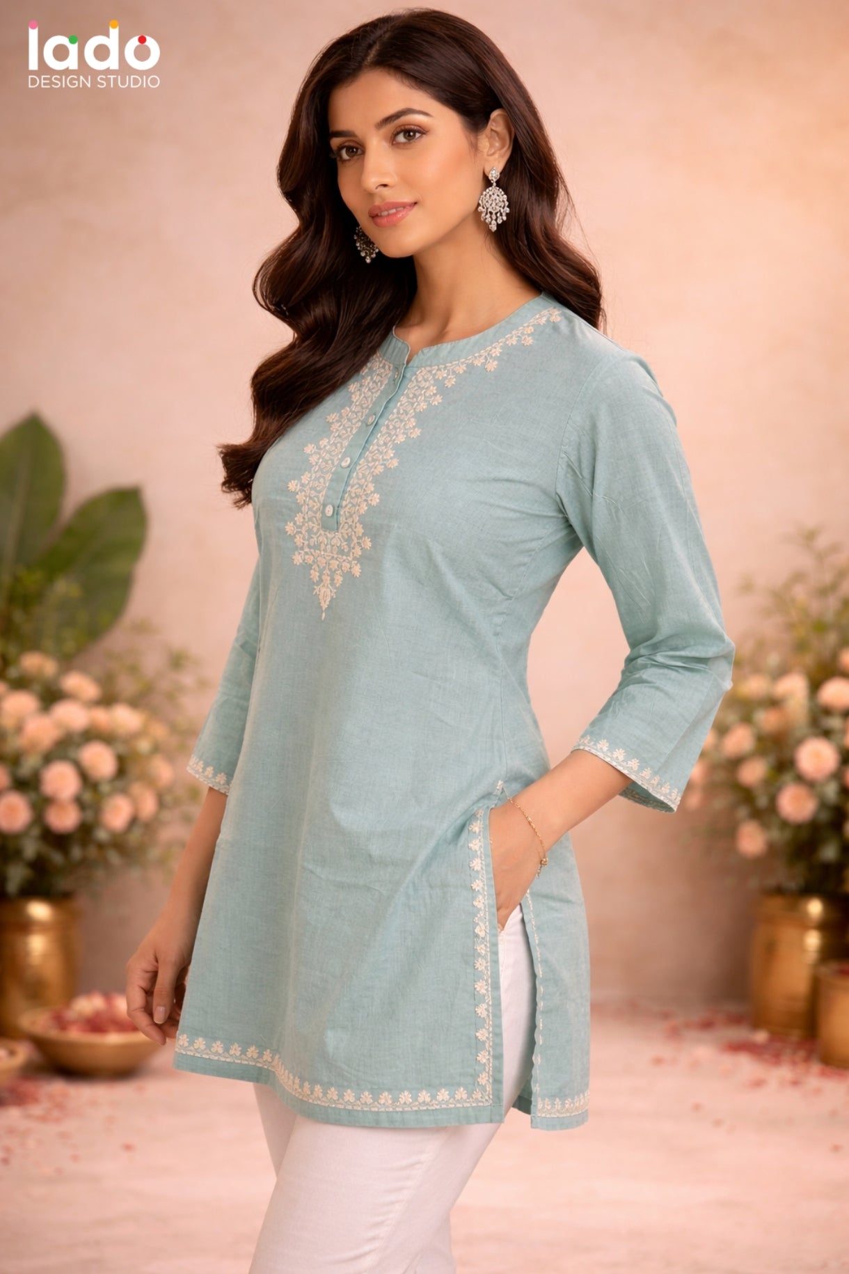 Sky Blue Embroidered Cotton Kurti