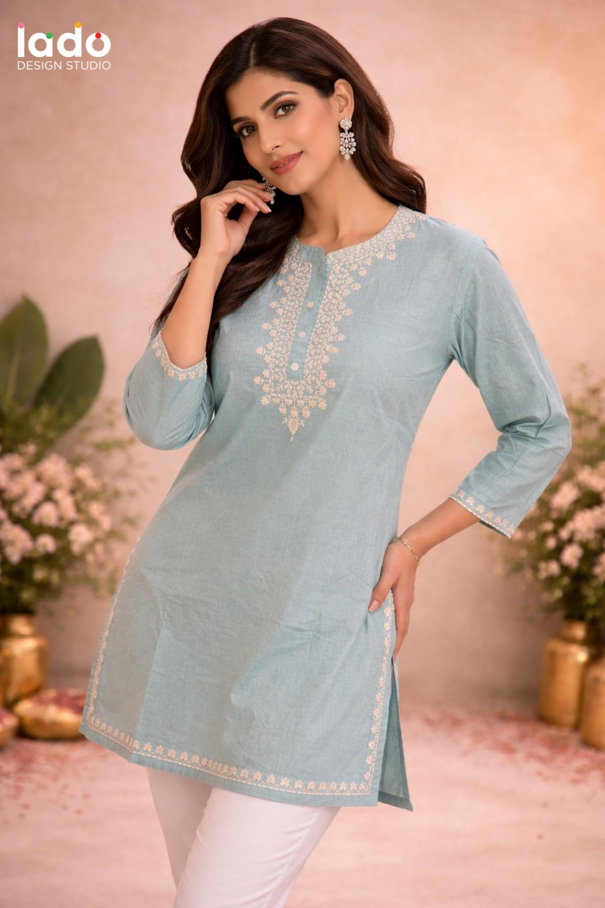 Sky Blue Embroidered Cotton Kurti