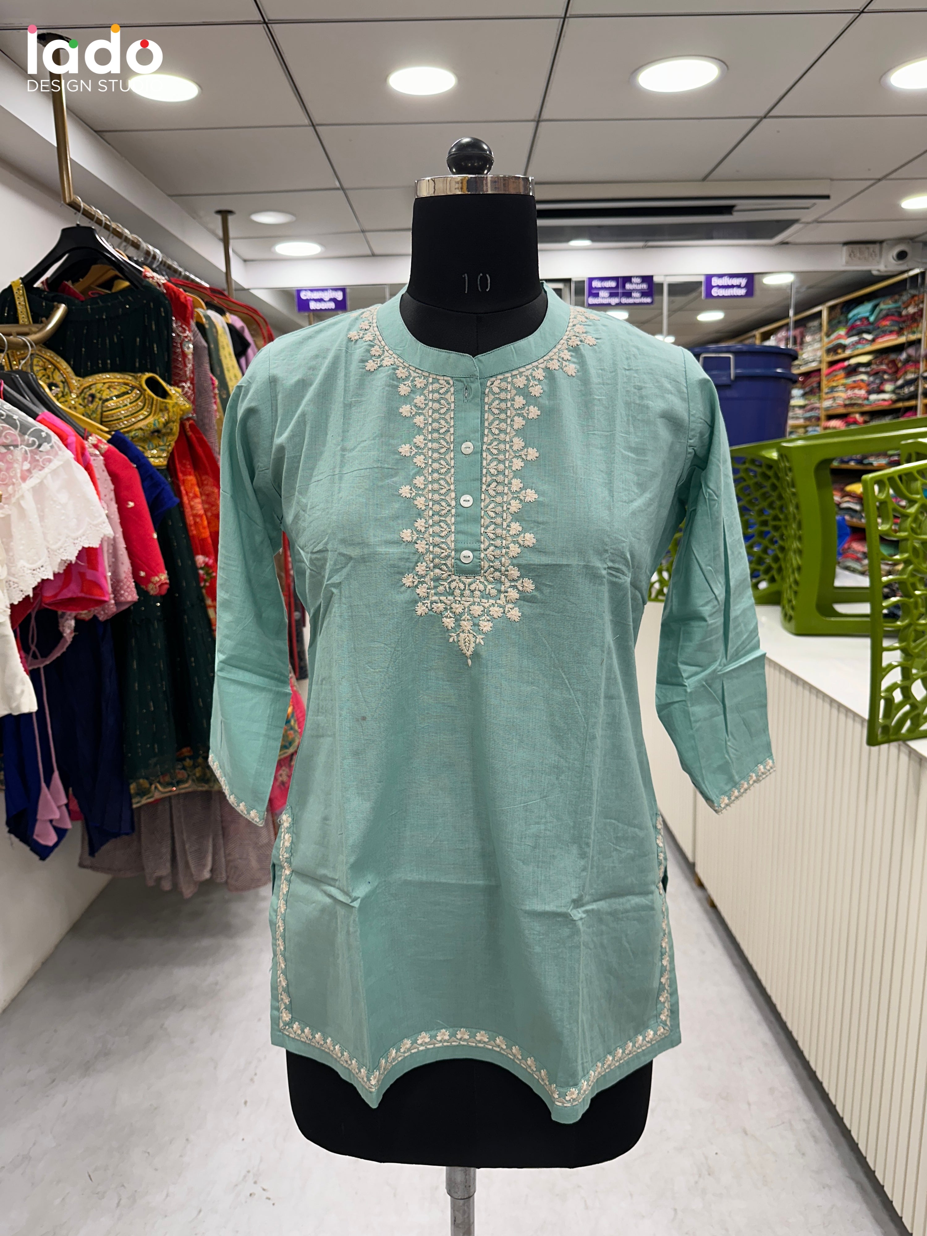 Sky Blue Embroidered Cotton Kurti