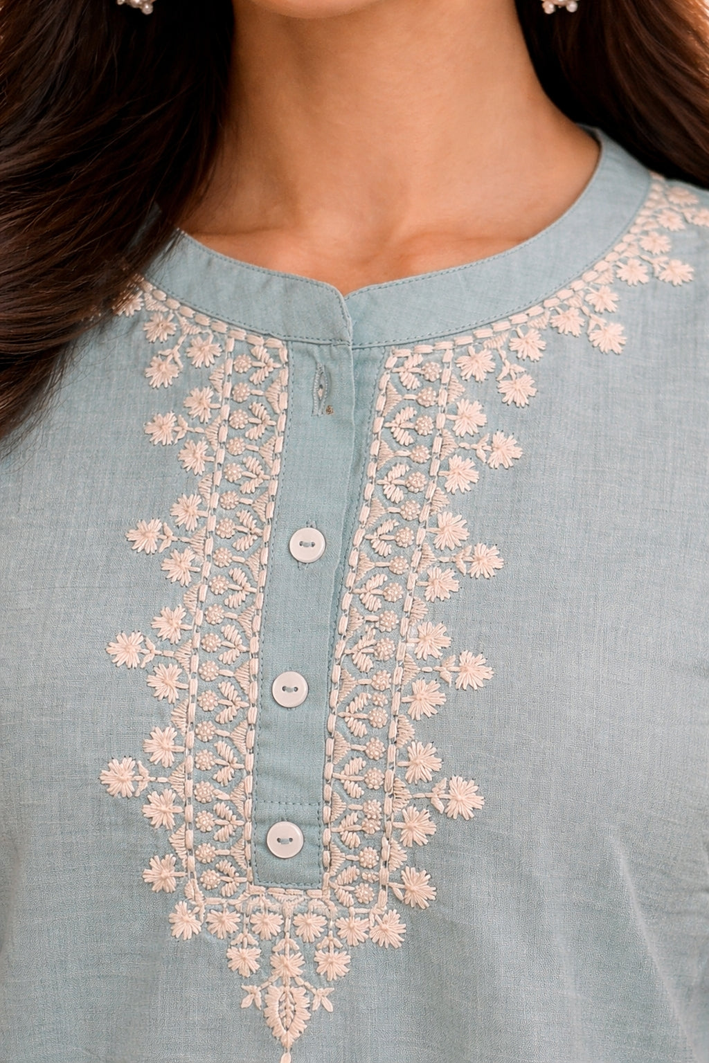 Sky Blue Embroidered Cotton Kurti